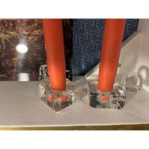 Vintage Clear Glass Square Candle Holders with Handles Set of 2 Minimalist MCM